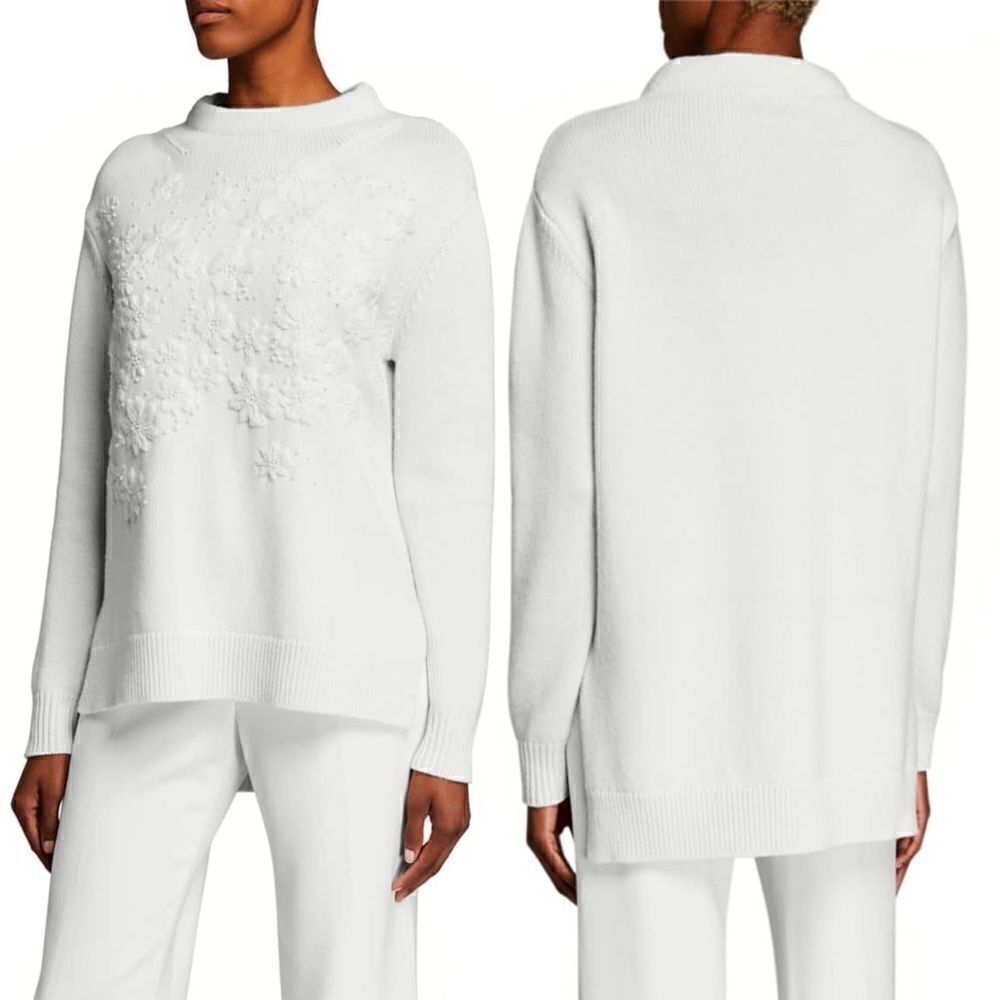 LELA ROSE Floral Knit Embroidered Funnel Neck Sweater